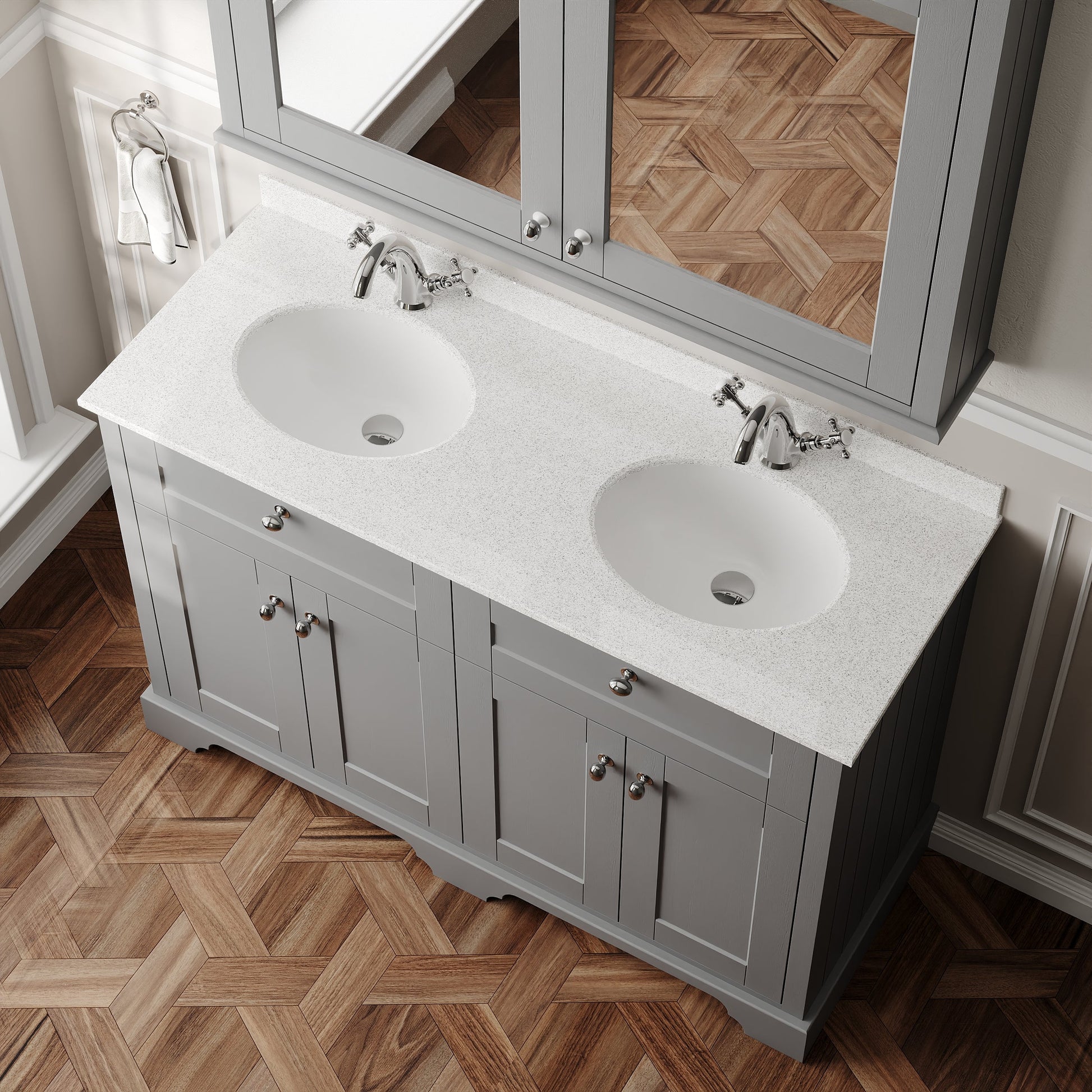 Hudson Reed Old London 1220mm Storm Grey Floor Standing 4 Door Vanity Unit With White Marble Double Basin