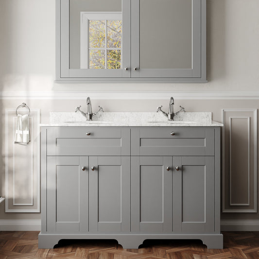 Hudson Reed Old London 1200mm Floor Standing Vanity Unit With 2 Tap Hole Grey Marble Double Basin