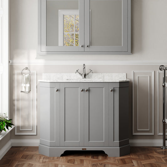 Hudson Reed Old London 1000mm Storm Grey Floor Standing 4 Door Vanity Unit with 1 Tap Hole White Marble Top Basin