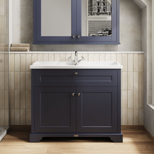 Hudson Reed Old London Twilight Blue Floor Standing 2 Door Vanity Unit with 1 Tap Hole Ceramic Basin
