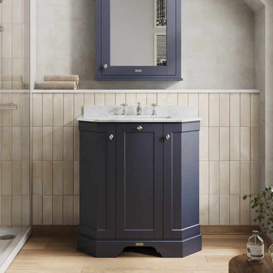 Hudson Reed Old London 750mm Twilight Blue Floor Standing 3 Door Vanity Unit With 3 Tap Hole White Marble Top Basin