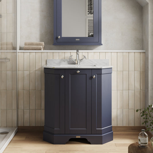 Hudson Reed Old London 750mm Twilight Blue Floor Standing 3 Door Vanity Unit With Grey Marble Top Basin