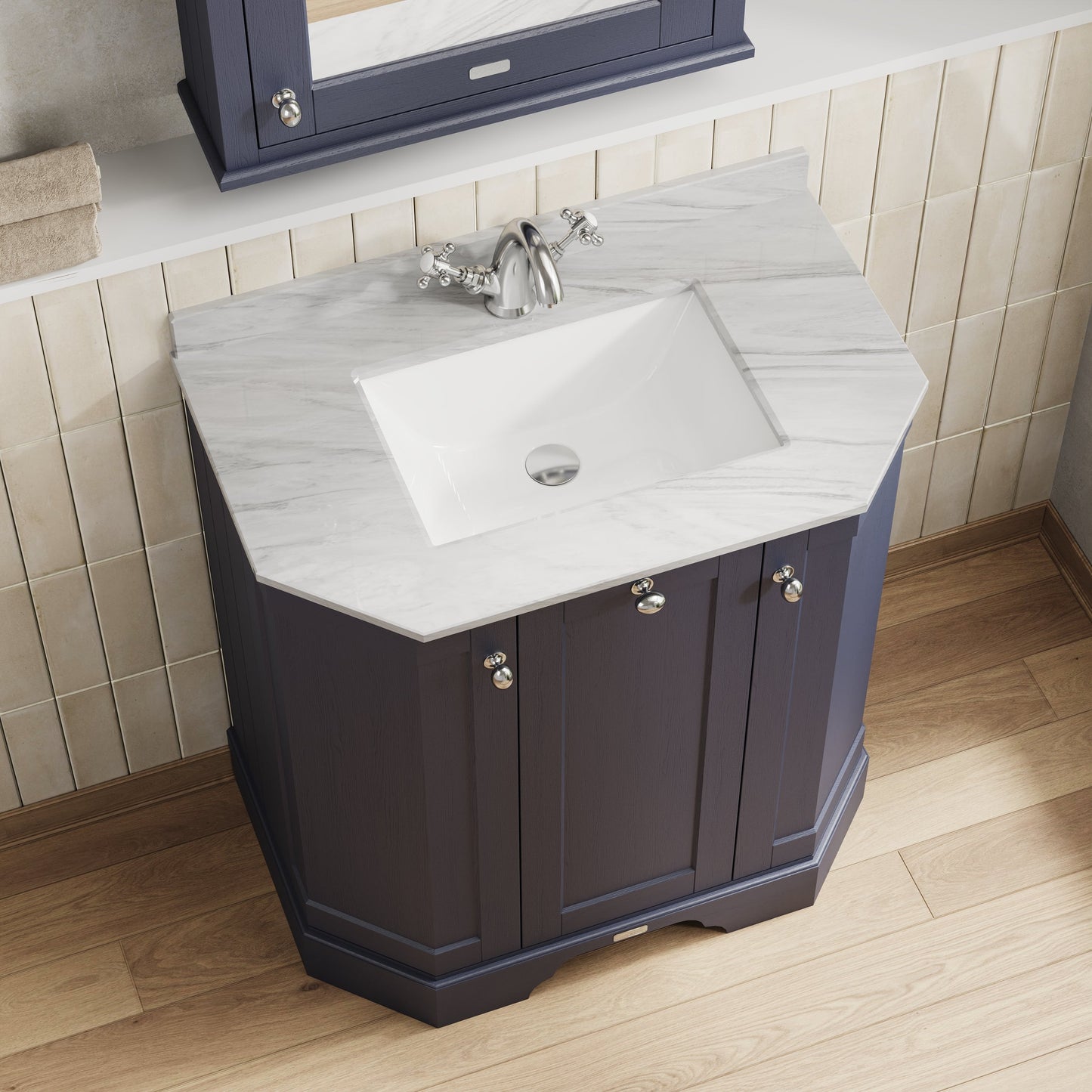 Hudson Reed Old London 750mm Twilight Blue Floor Standing 3 Door Vanity Unit With Grey Marble Top Basin