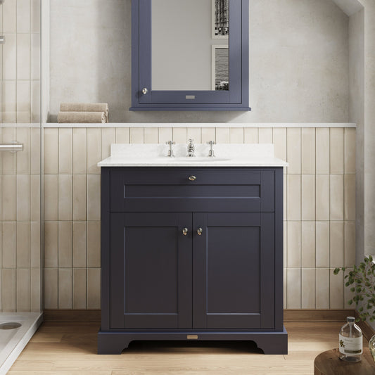 Hudson Reed Old London 800mm Floor Standing 2 Door Vanity Unit With 3 Tap Hole White Marble Top Basin
