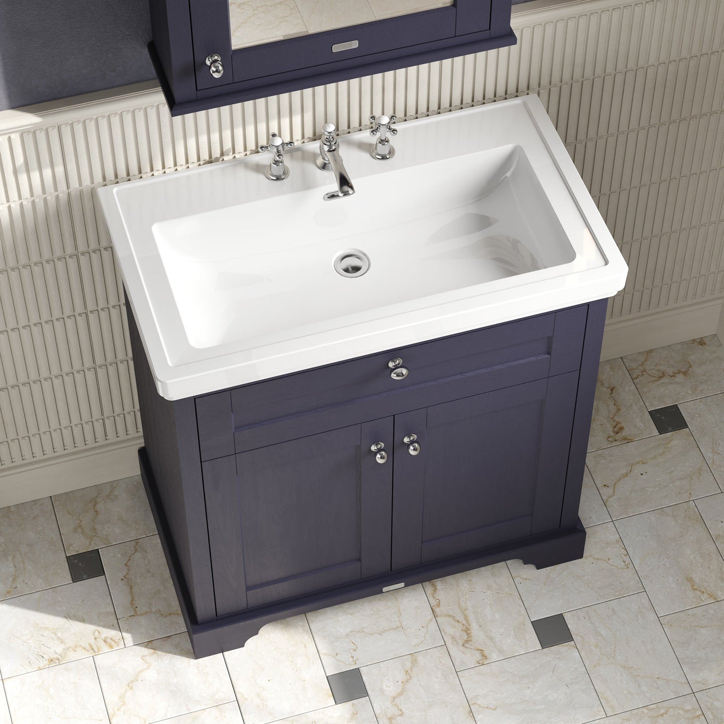 Hudson Reed Old London 800mm Twilight Blue Floor Standing 2 Door Vanity Unit Including Fireclay Basin