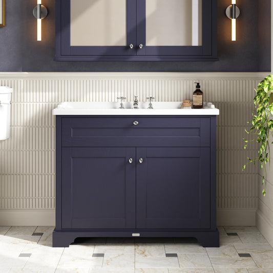 Hudson Reed Old London 1000mm Twilight Blue Floor Standing 2 Door Vanity Unit with 3 Tap Hole Ceramic Basin