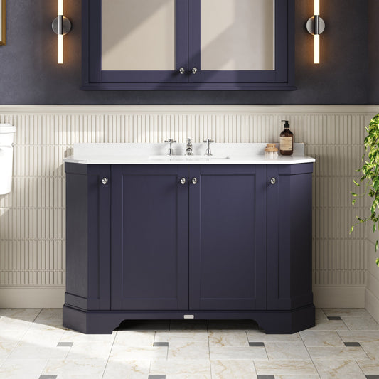 Hudson Reed Old London 1236mm Twilight Blue Floor Standing 4 Door Vanity Unit with 3 Tap Hole White Marble Top Basin