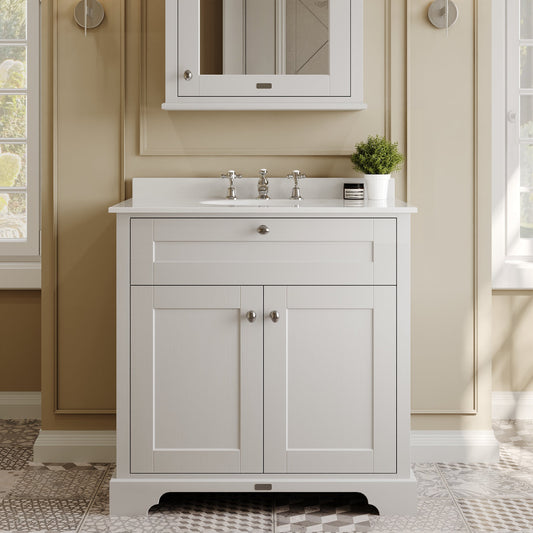 Hudson Reed Old London 800mm Timeless Sand Floor Standing 2 Door Vanity Unit with 3 Tap Hole White Marble Top Basin