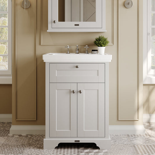 Hudson Reed Old London 600mm Timeless Sand Floor Standing 2 Door Vanity Unit with 3 Tap Hole Fireclay Basin