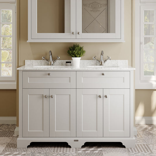 Hudson Reed Old London 1220mm Timeless Sand Floor Standing 4 Door Vanity Unit With Grey Marble Top Double Basin