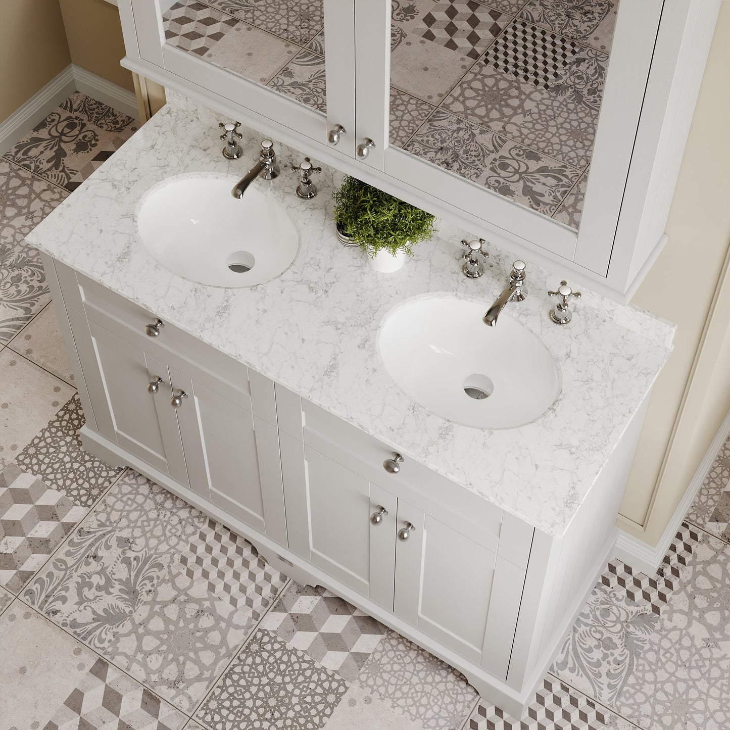 Hudson Reed Old London 1220mm Floor Standing 4 Door Double Basin Vanity Unit with Grey Marble Top