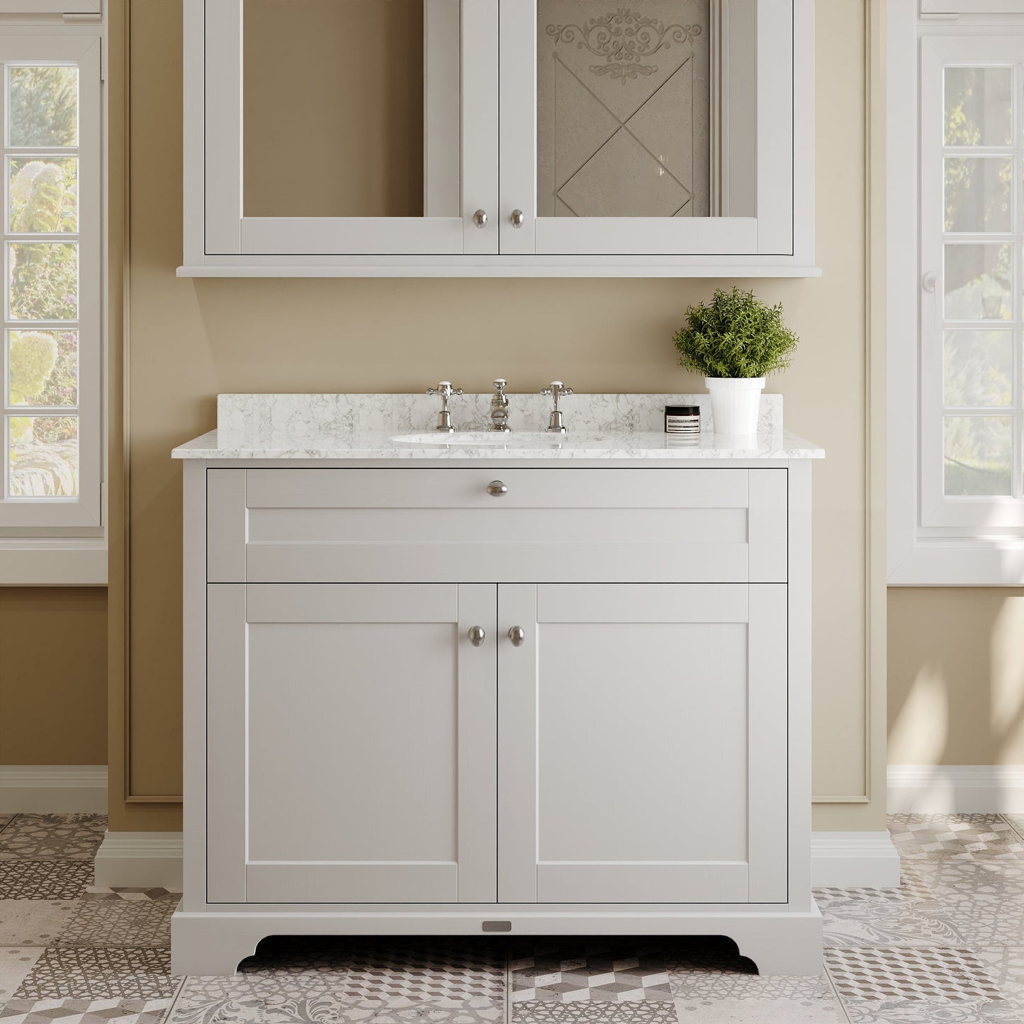 Floor Standing 2 Door Vanity Unit with 1 Tap Hole Grey Marble Top 1000mm
