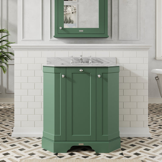 Hudson Reed Old London 786mm Hunter Green 3 Door Vanity Unit with 3 Tap Hole Grey Marble Top Basin
