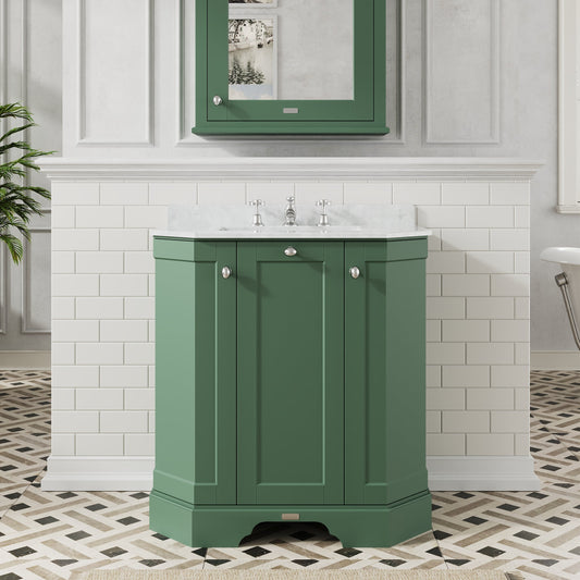 Hudson Reed Old London 750mm Hunter Green Floor 3 Door Vanity Unit with 3 Tap Hole White Marble Top Basin