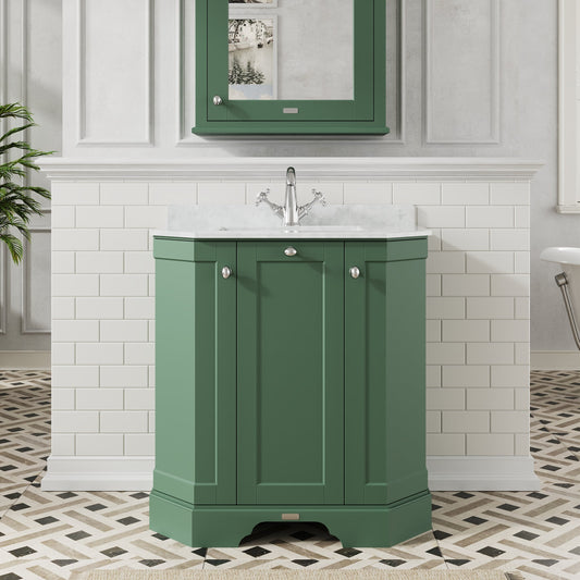 Hudson Reed Old London 786mm Hunter Green Floor Standing 3 Door Vanity Unit With White Marble Top Basin