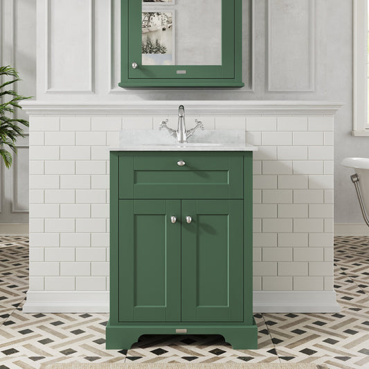 Hudson Reed Old London 600mm Hunter Green Floor Standing Vanity Unit with 1 Tap Hole White Marble Top Basin