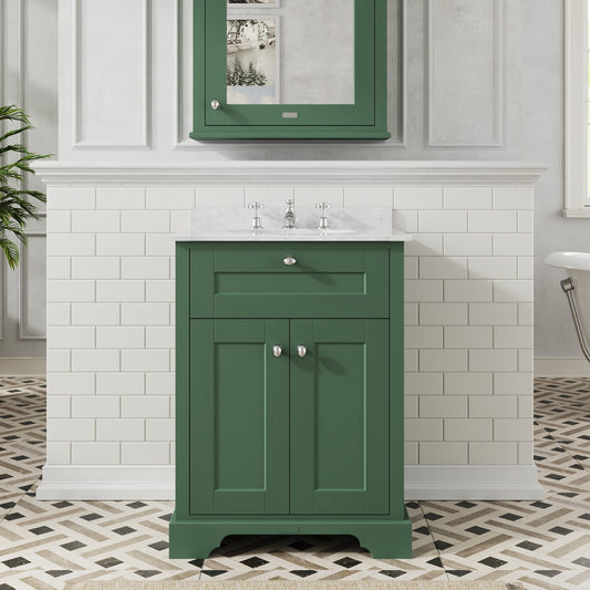 Hudson Reed Old London Hunter Green Floor Standing 2 Door Vanity Unit With 3 Tap Hole White Marble Top Basin