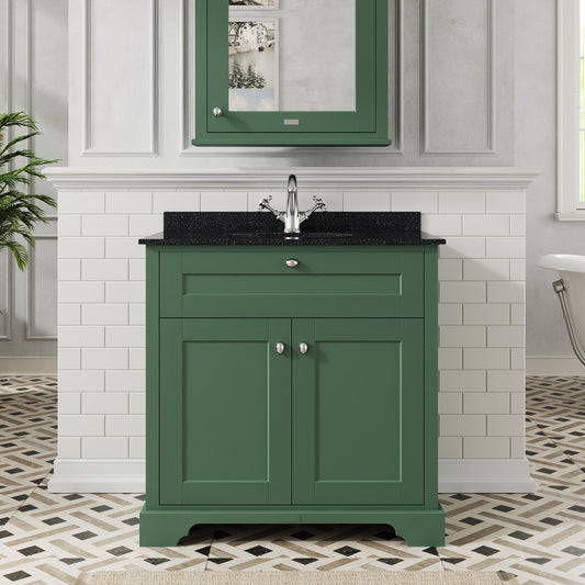 Hudson Reed Old London 800mm Hunter Green Floor Standing 2 Door Vanity Unit With Black Marble Top Basin