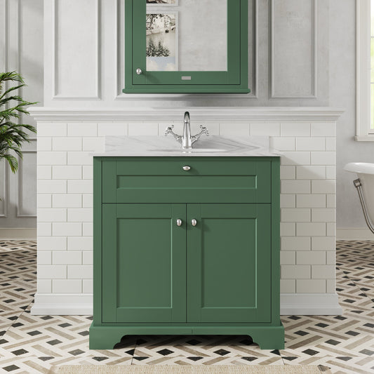 Hudson Reed Old London 800mm Hunter Green Floor Standing 2 Door Vanity Unit With Grey Marble Top Basin