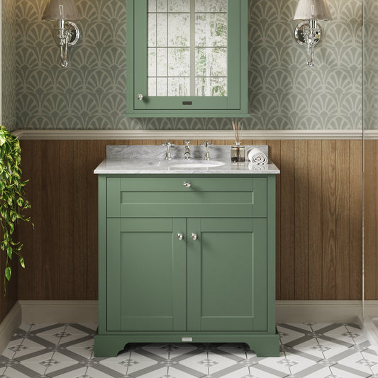 Hudson Reed Old London Hunter Green Floor Standing 2 Door Vanity Unit With Grey Marble Top Basin