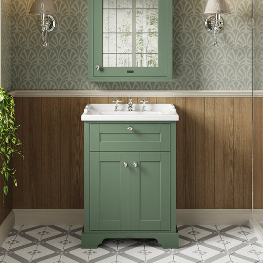 Hudson Reed Old London Hunter Green 620mm Floor Standing 2 Door Vanity Unit With 3 Tap Hole Ceramic Basin