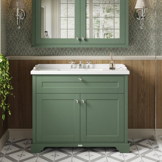 Hudson Reed Old London 1000mm Hunter Green Floor Standing 2 Door Vanity Unit With 3 Tap Hole Ceramic Basin