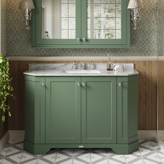 Hudson Reed Old London Traditional Hunter Green 1236mm Vanity Unit with 3 Tap Hole Grey Marble Top Basin