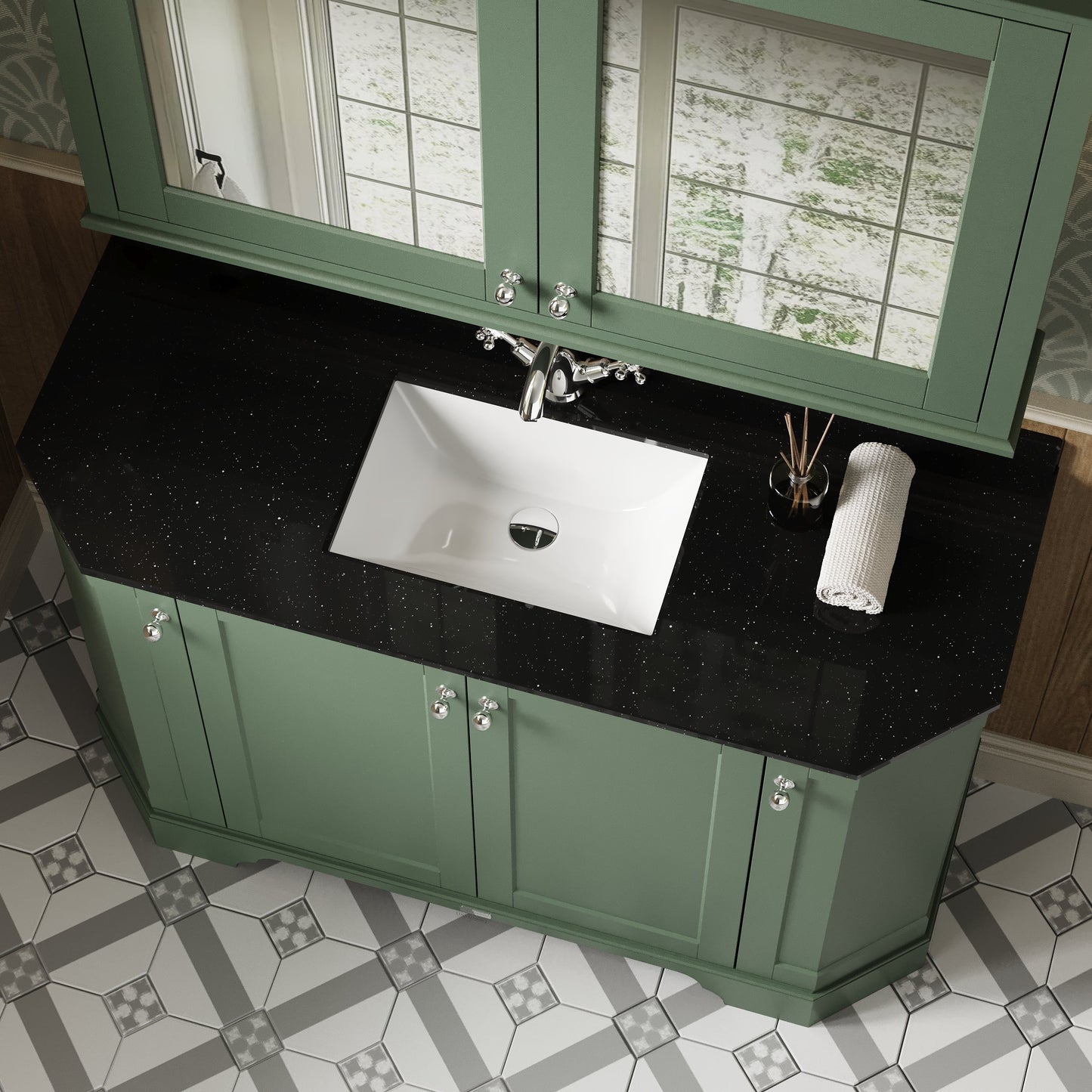 Hudson Reed Old London 1236mm Hunter Green Floor Standing 4 Door Vanity Unit With Black Marble Top