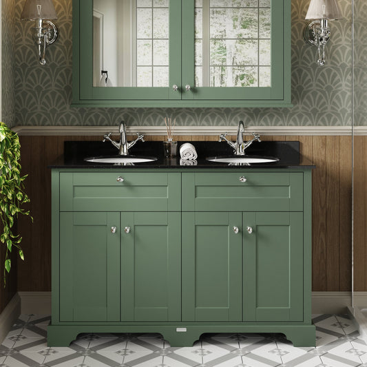 Hudson Reed Old London 1220mm Hunter Green Floor Standing 4 Door Double Basin Black Marble Top Vanity Unit