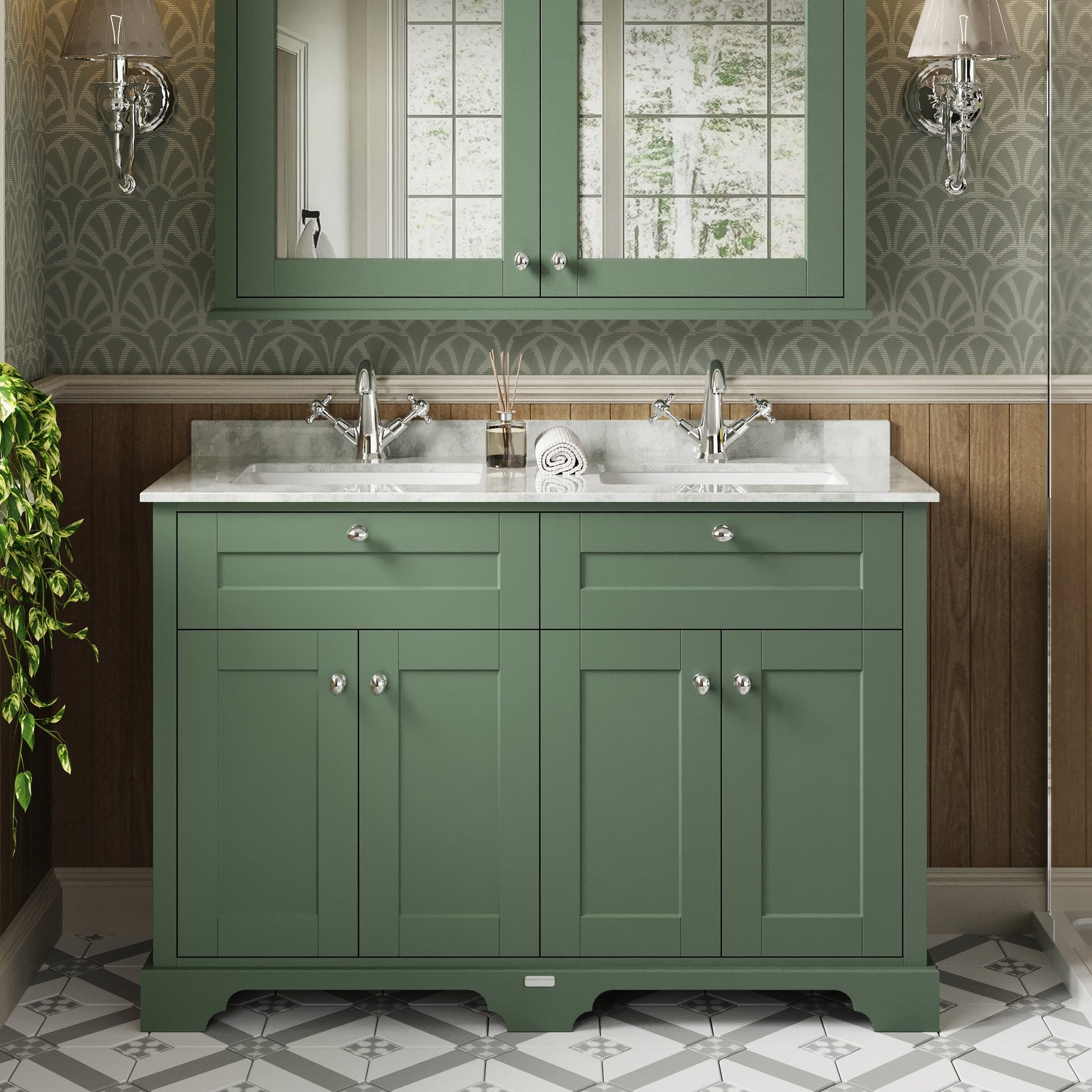 Hudson Reed Old London 1200mm Floor Standing Basin Unit With Square Double Basin, 2 Tap Hole & Marble Top