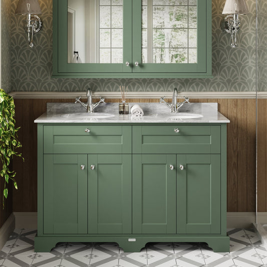 Hudson Reed Old London 1200mm Hunter Green Floor Standing 4 Door Vanity Unit With Grey Marble Top Double Basin