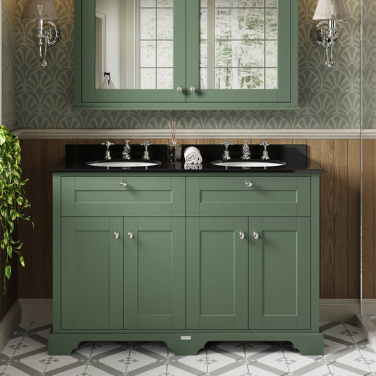 Hudson Reed Old London 1200mm Hunter Green Floor Standing Vanity Unit With Black Marble Top Double Basin