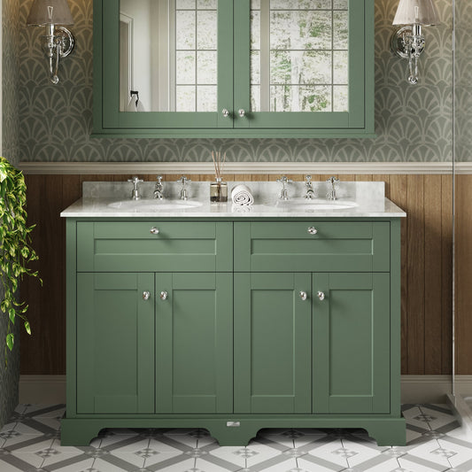 Hudson Reed Old London 1220mm Hunter Green Floor Standing Vanity Unit With Double White Marble Basin