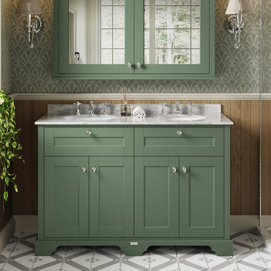 Hudson Reed Old London 1220mm Hunter Green Floor Standing 4 Door Vanity Unit with Grey Marble Top Double Basin