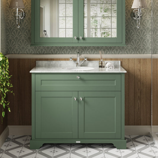 Hudson Reed Old London 1020mm Hunter Green Floor Standing 2 Door Vanity Unit With White Marble Top Basin