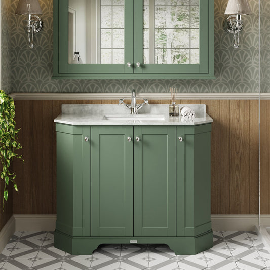 Hudson Reed Old London 1000mm Hunter Green Floor Standing 4 Door Vanity Unit With White Marble Top Basin