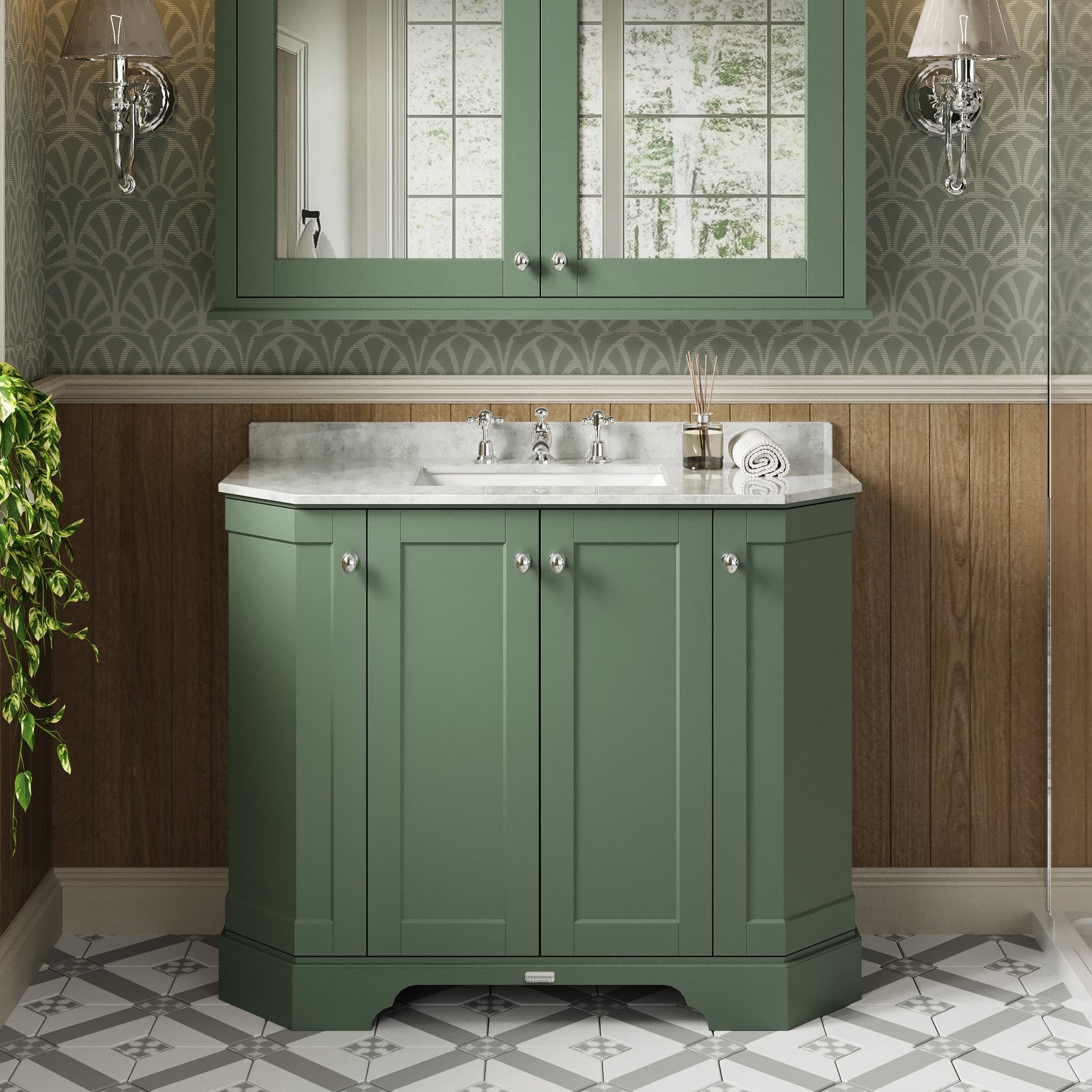 Hudson Reed Old London Hunter Green Floor Standing Vanity Unit With 3 Tap Hole White Marble Top Basin