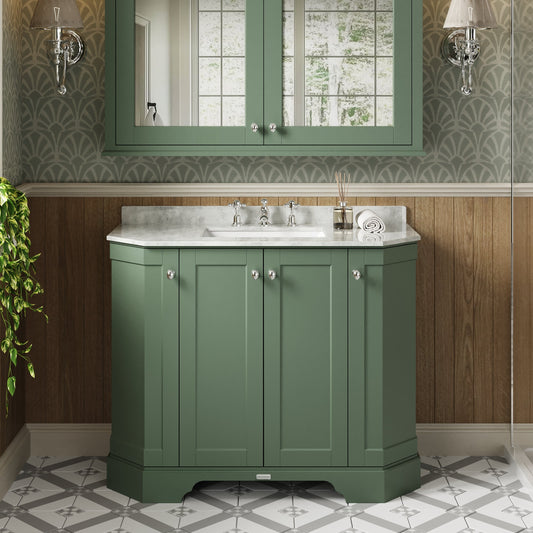 Hudson Reed Old London Hunter Green Floor Standing Vanity Unit With 3 Tap Hole White Marble Top Basin
