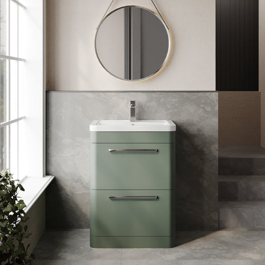 Hudson Reed Solar 600mm Fern Green Floor Standing 2-Drawer Vanity Unit With 1 Tap Hole Ceramic Basin