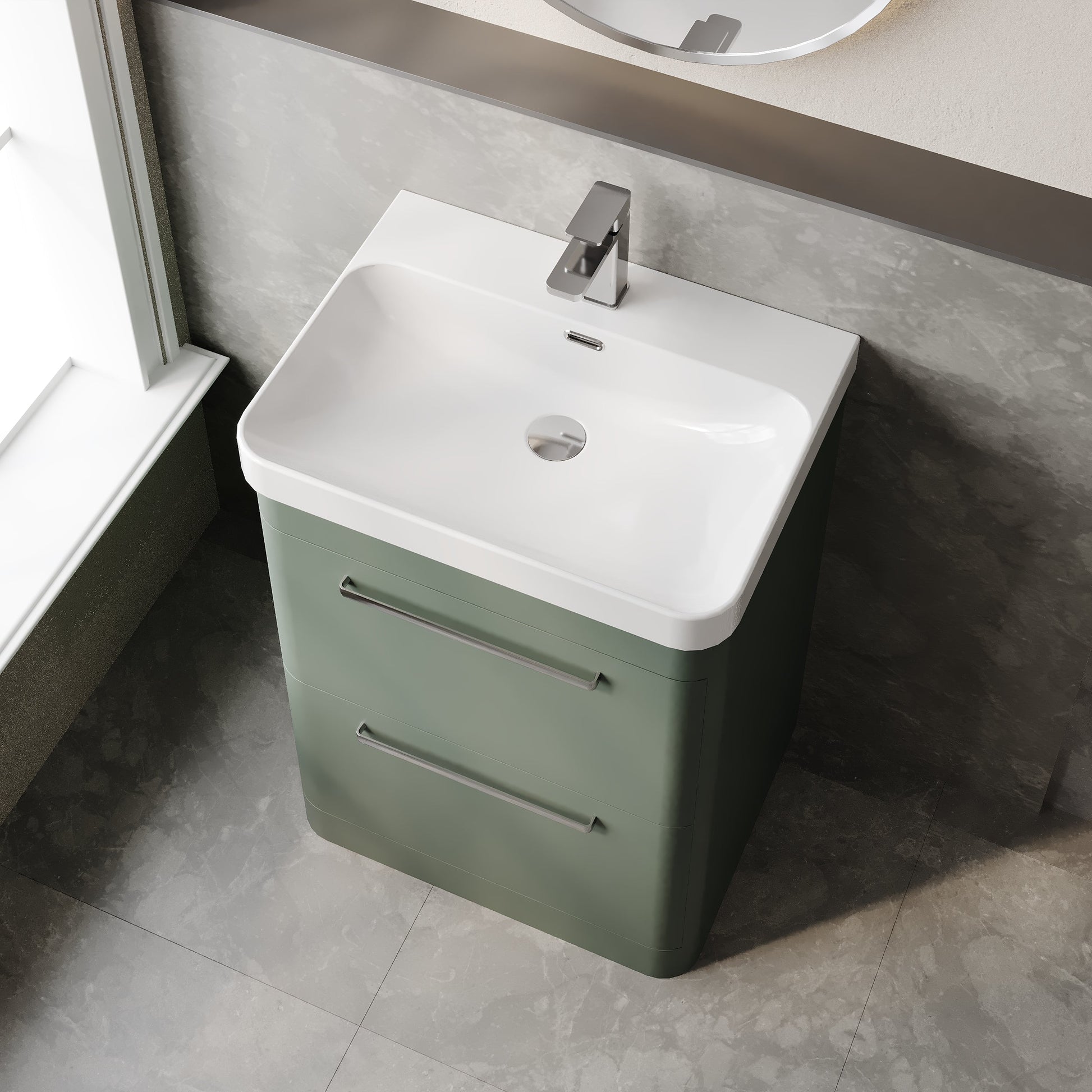 Hudson Reed Solar 600mm Fern Green Floor Standing 2-Drawer Vanity Unit With Ceramic Basin