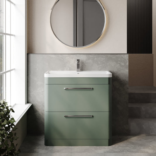 Hudson Reed Solar 800mm Fern Green Floor Standing 2-Drawer Vanity Unit With 1 Tap Hole Polymarble Basin