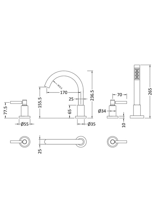 Hudson Reed Tec Lever 4 Tap Hole Bath Shower Mixer Tap With Shower Kit