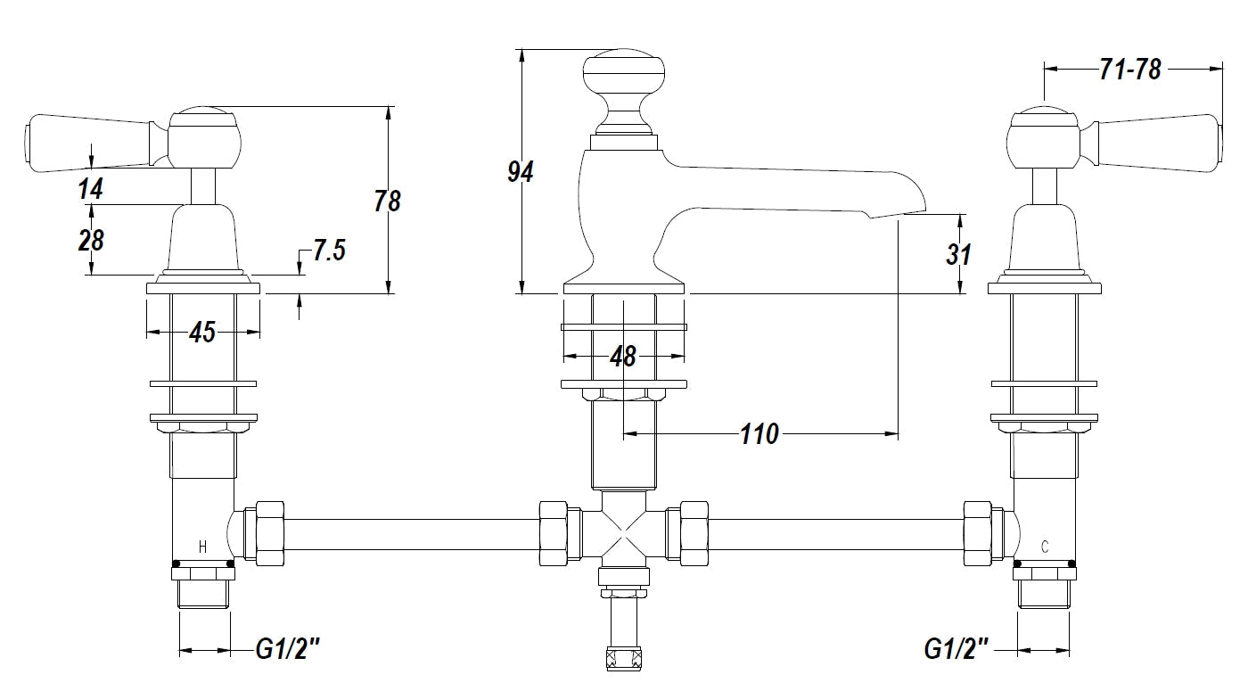White Topaz With Lever Handle 3 Tap Hole Basin Mixer