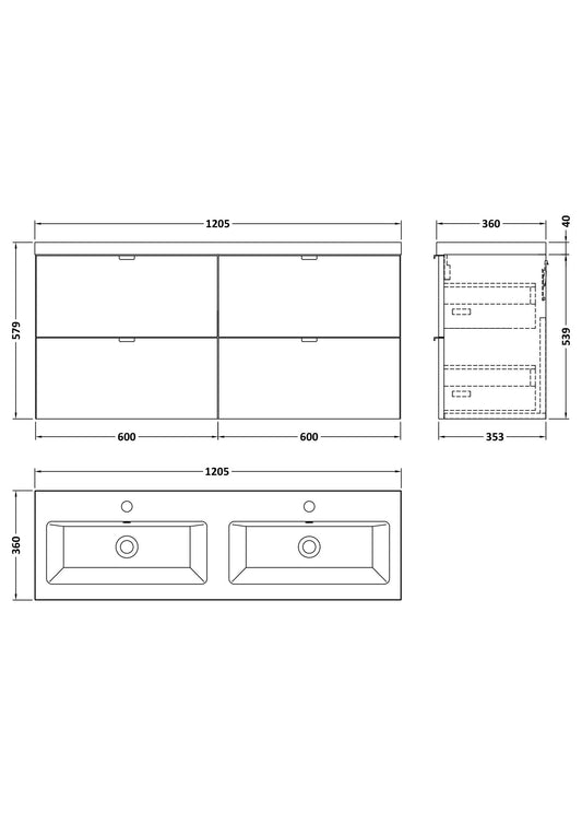 Hudson Reed Fusion 1200mm Wall Hung Gloss White 4 Drawer Vanity Unit with Double Ceramic Basin