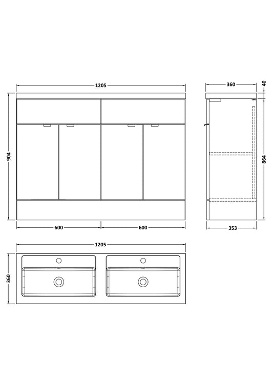 Hudson Reed Fusion 1205mm Gloss White Floor Standing 2 Door Vanity Unit With Double Basin & Soft Close Doors