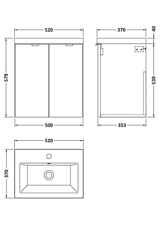 Hudson Reed Fusion 505mm Gloss White Wall Hung 2 Door Vanity Unit & Basin