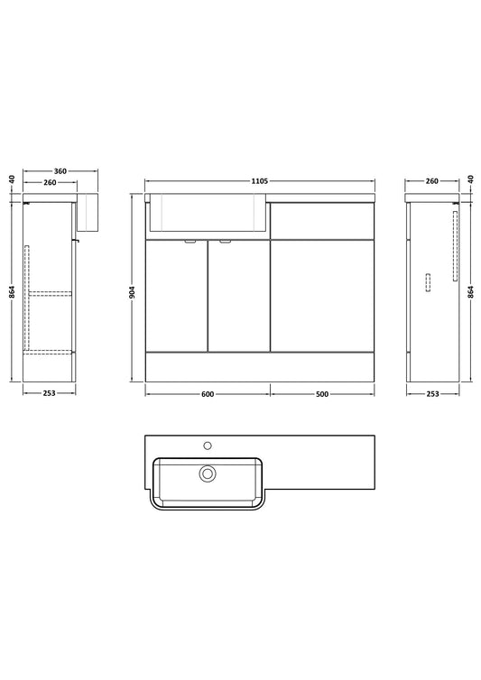 Hudson Reed Fusion 1100mm Floor Standing 2 Door Vanity Unit & Toilet Combination With Left Hand Semi Recessed Basin