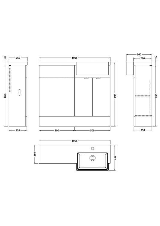 Hudson Reed Fusion 1000mm Floor Standing 2 Door Vanity & Toilet Combination with Right Hand Semi Recessed Basin