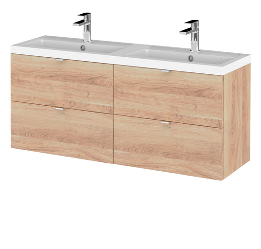 Hudson Reed Fusion 1200mm Bleached Oak Wall Hung 4-Drawer Vanity Unit with Double Basin Ready Assembled
