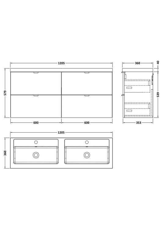 Hudson Reed Fusion 1200mm Bleached Oak Wall Hung 4-Drawer Vanity Unit with Double Basin Ready Assembled